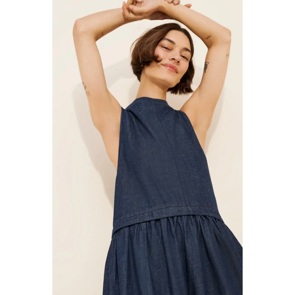 NEW FREE PEOPLE DARK WASH SORAYA DENIM MIDI DRESS SZ S